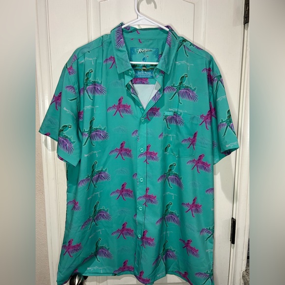 Retro Rifle Shirt Men's XL Saws & Macaws Teal Pink Purple Button Up Hawaiian - Picture 1 of 5